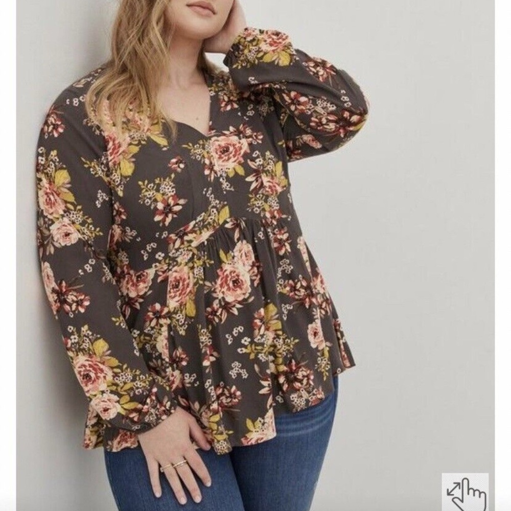 Torrid Babydoll Brown Vneck Long Sleeve Floral Gauze Top